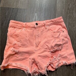 Pink Distressed Jean Shorts with Raw Hem